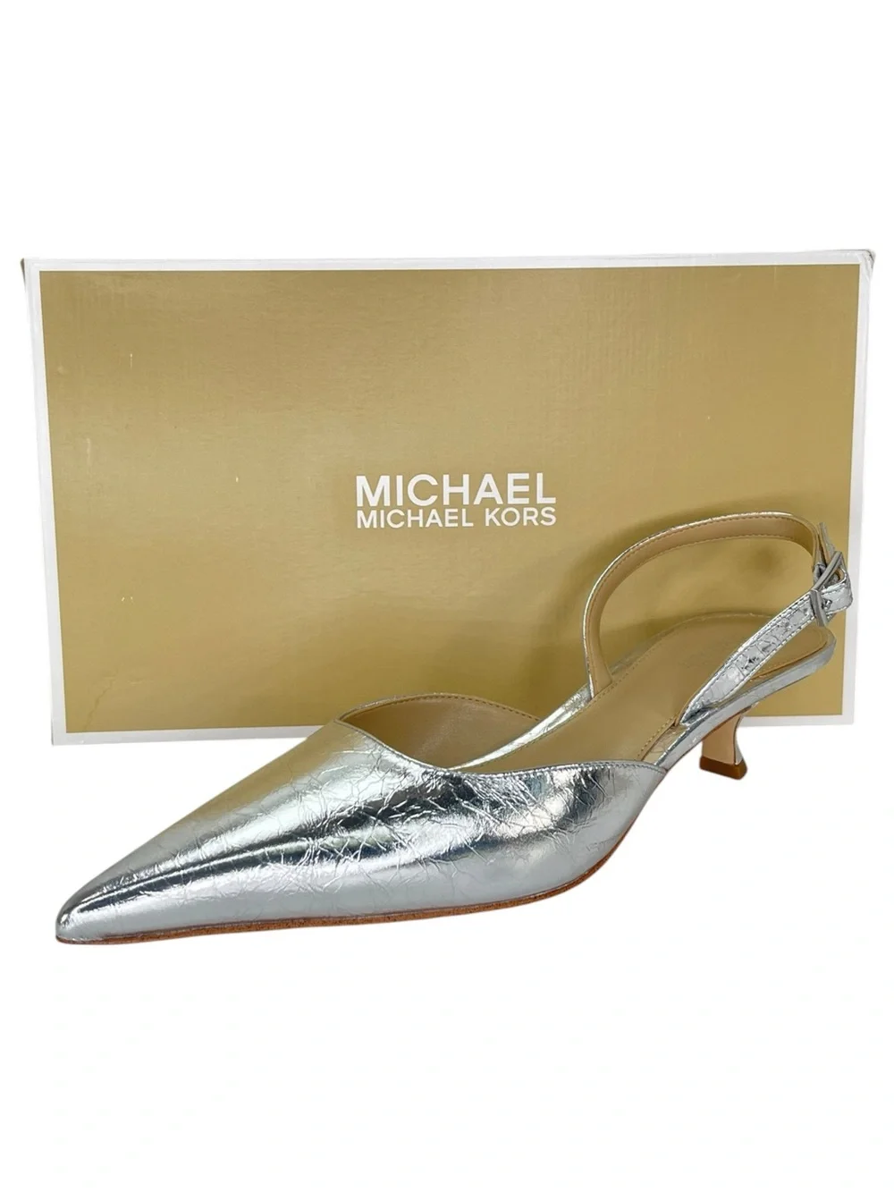 Michael Kors Luna Silver Leather Slingback Womens Kitten Heels Size 7.5M